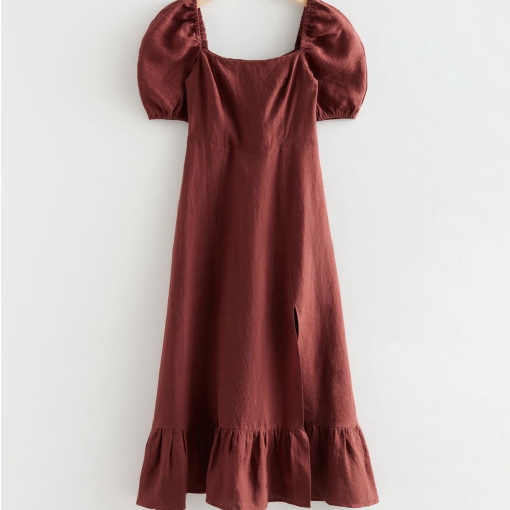 & Other Stories Rust Red Square-Neck Puff Sleeve Midi Dress